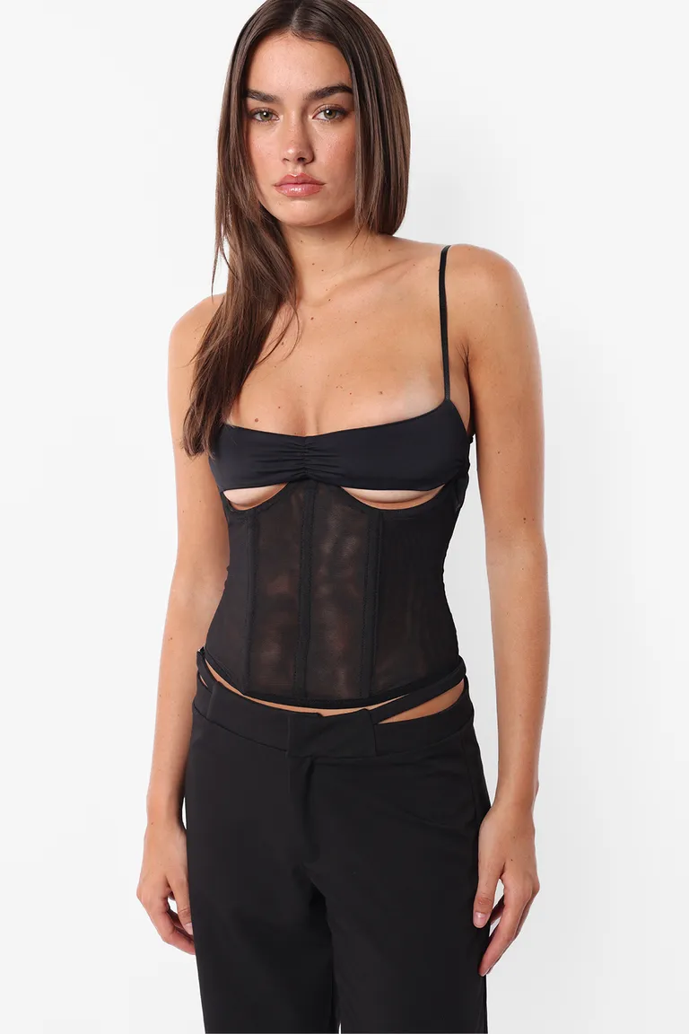 Corset de microtul negro con frunces y detalles especiales de Top White en Ropa Interior y Medias para argentina