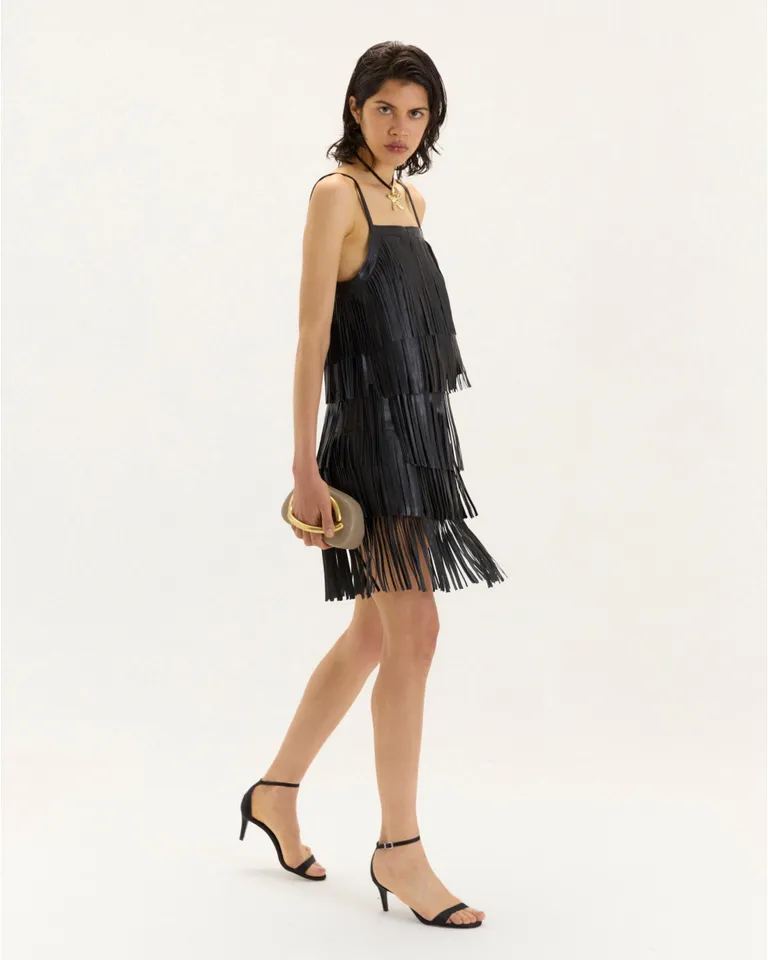 Top femenino de cuero negro con doble capa de flecos de Blue Sheep en Tops para argentina