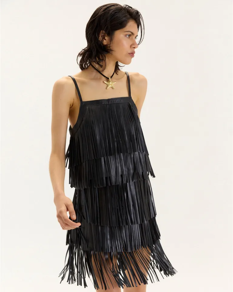 Top femenino de cuero negro con doble capa de flecos de Blue Sheep en Tops para argentina