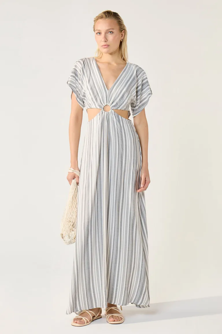 Vestido largo de jacquard rayado con escote en V y espalda descubierta de Cuesta Blanca en Vestidos para argentina