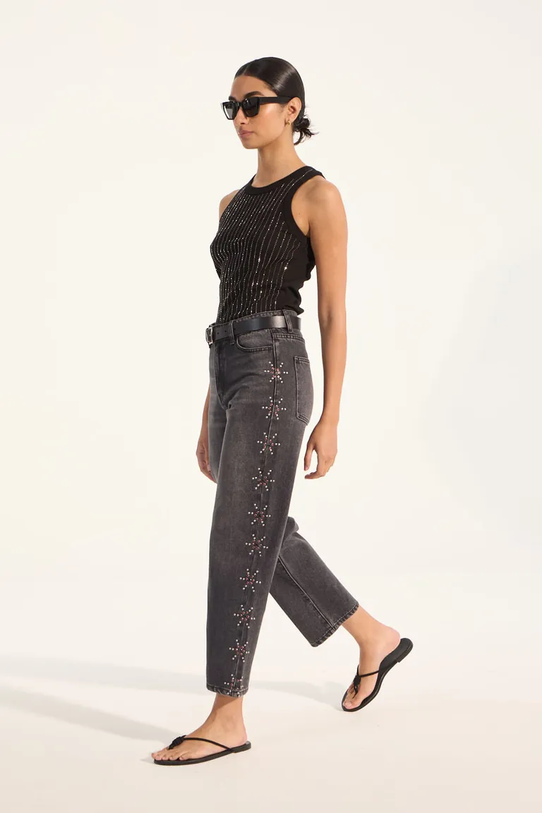 Pantalones rectos de algodón con detalles de tachas en gris oscuro para mujer de Portsaid en Pantalones para argentina