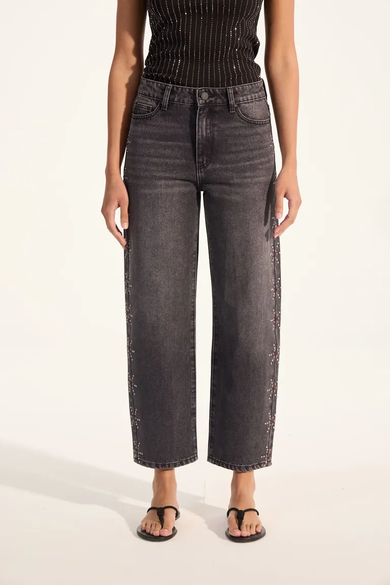 Pantalones rectos de algodón con detalles de tachas en gris oscuro para mujer de Portsaid en Pantalones para argentina