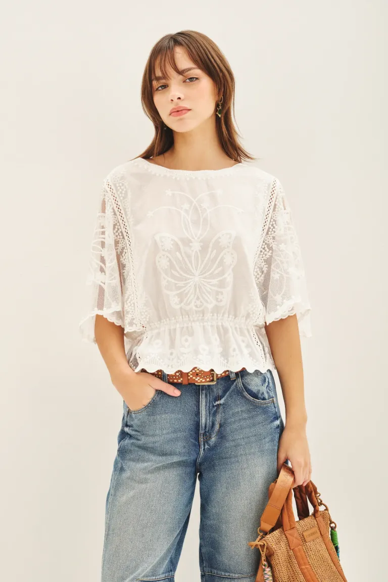 Camisa blanca bordada con mangas de encaje y silueta abullonada de Rapsodia en Camisas para argentina