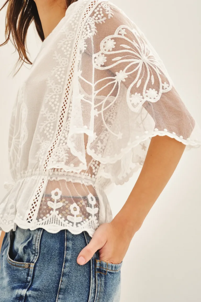 Camisa blanca bordada con mangas de encaje y silueta abullonada de Rapsodia en Camisas para argentina