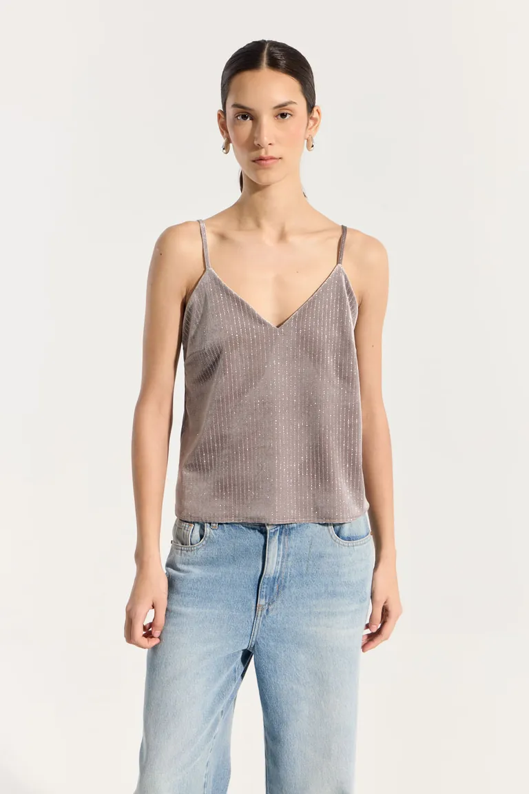 Musculosa de velvet con destellos de lurex en tono gris de Portsaid en Tops para argentina