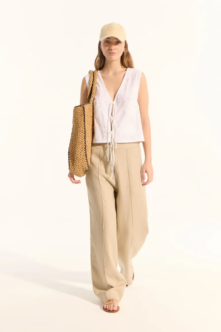 Pantalón ancho de lino beige con pliegues delanteros y bolsillos laterales de Portsaid en Pantalones para argentina