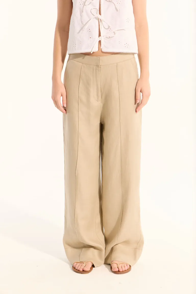 Pantalón ancho de lino beige con pliegues delanteros y bolsillos laterales de Portsaid en Pantalones para argentina