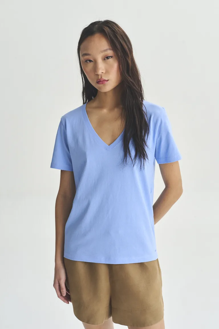 Remera de cuello en V en color azul, prenda femenina y de estilo casual de Akiabara en Remeras para argentina