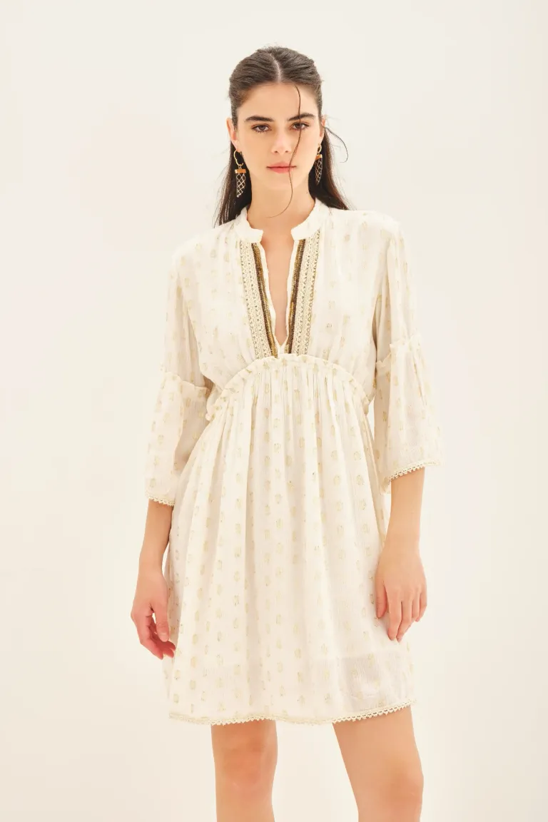 Vestido corto de mangas al codo y escote en V con bordados en lurex dorado de Rapsodia en Vestidos para argentina