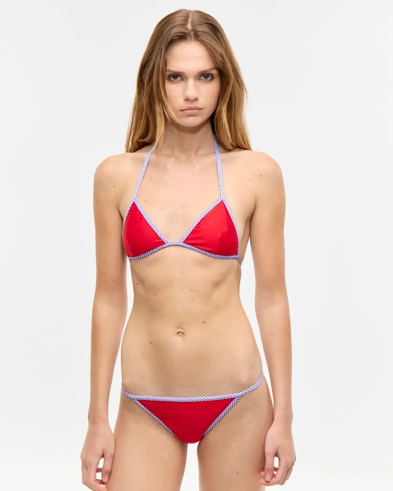 Bikini brilloso de dos piezas en rojo con detalles estampados de Ay Not Dead en Swimwear y Beachwear para argentina