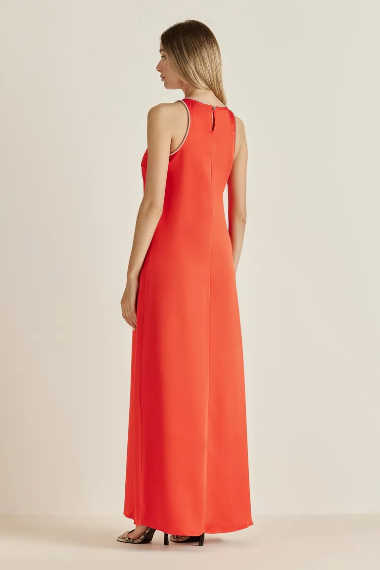 Vestido de satén naranja largo con detalles de strass en escote y sisas de Tucci en Vestidos para argentina
