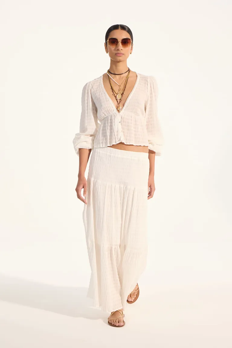 Falda larga con textura cloqué y diseño bohemio de Portsaid en Faldas para argentina