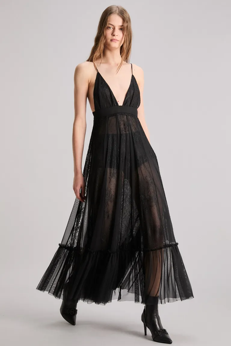 Vestido negro de encaje y tul con corte alto y espalda descubierta de Kosiuko en Vestidos para argentina