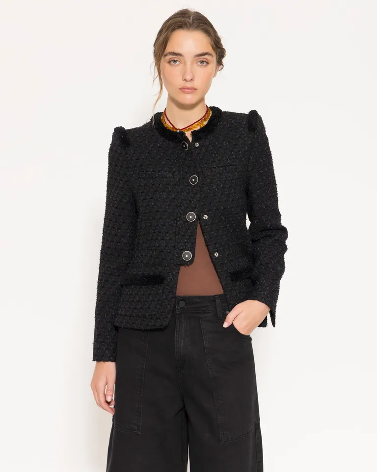 Chaqueta de jacquard con detalles de flecos y acabados brillantes de Jazmin Chebar en Chaquetas para argentina