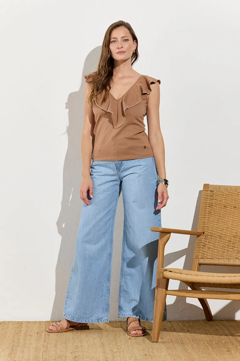 Remera sin mangas con escote en V y volado en algodón pesado de Indiastyle en Remeras para argentina