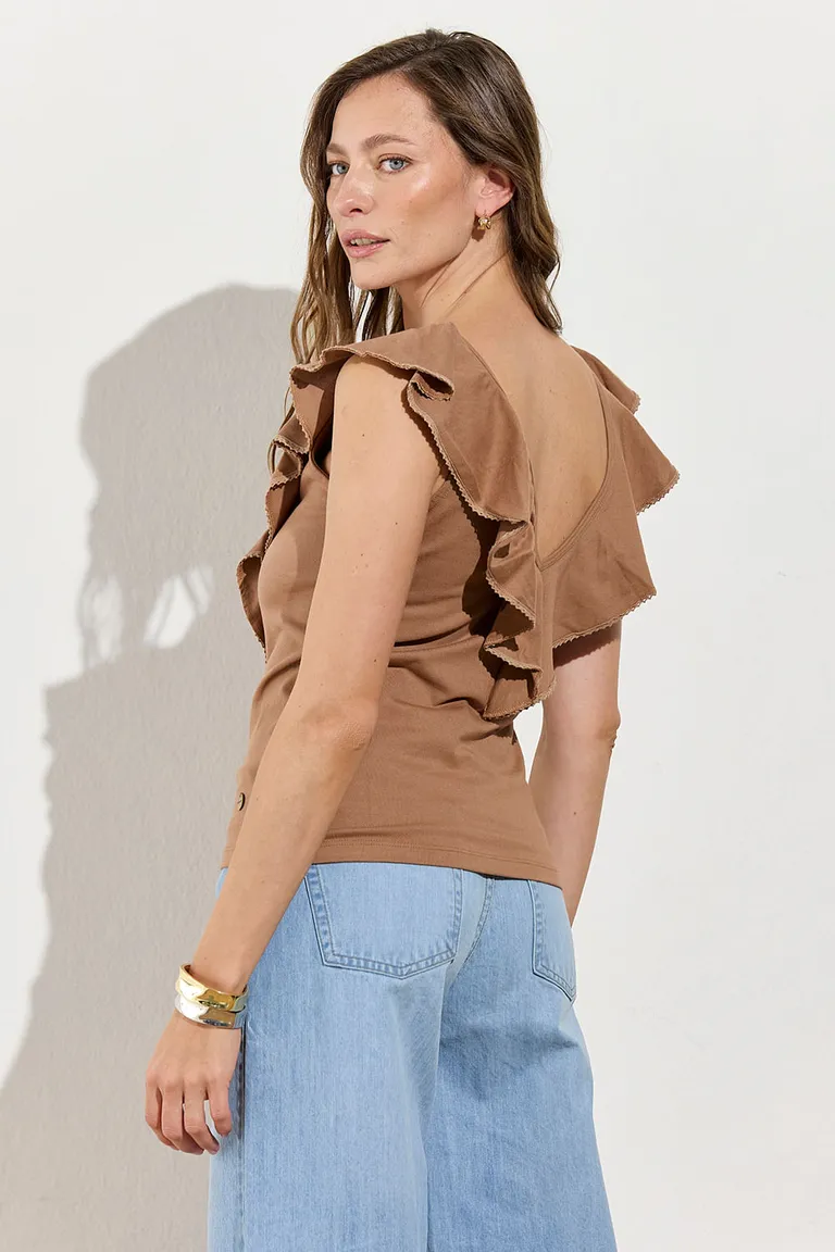 Remera sin mangas con escote en V y volado en algodón pesado de Indiastyle en Remeras para argentina