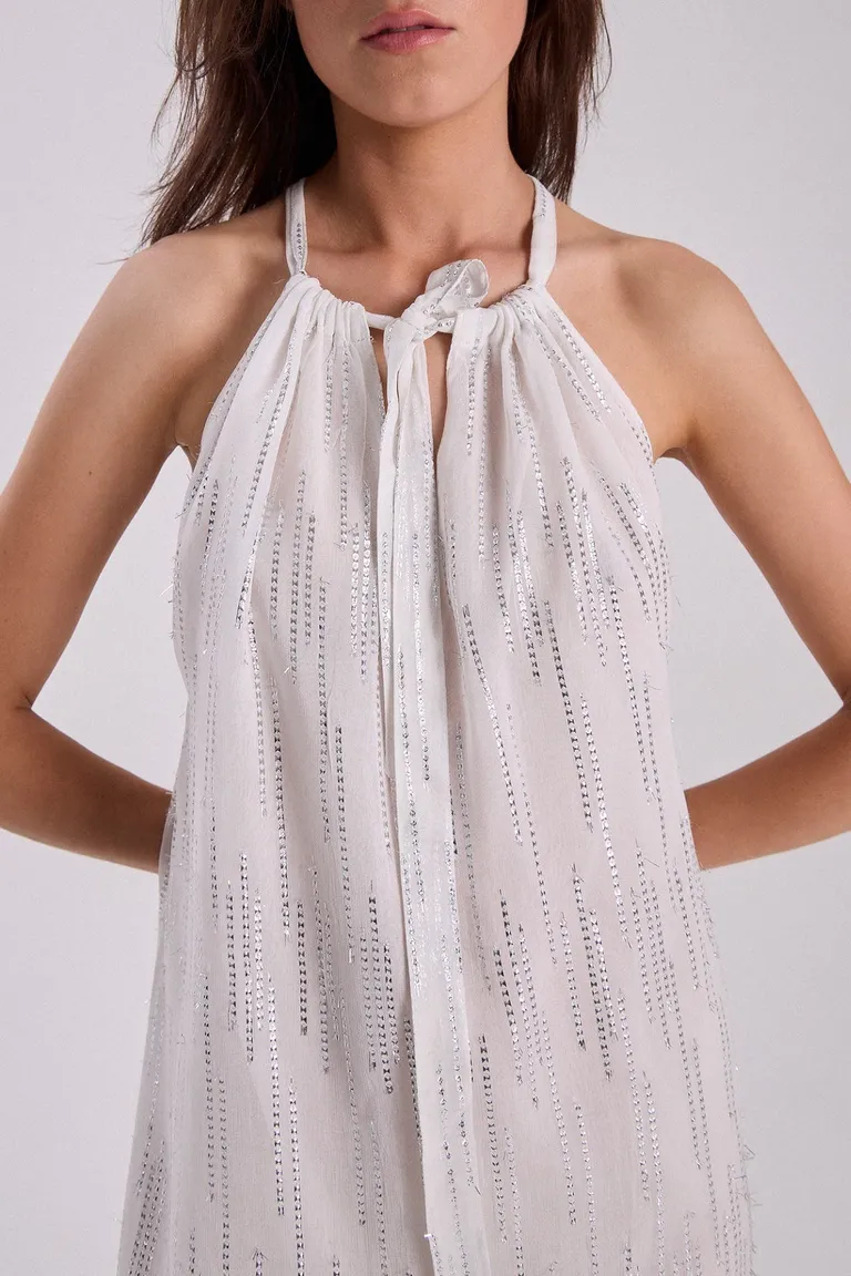 Vestido corto de georgette con lurex y lazo en el cuello de Maria Cher en Vestidos para argentina