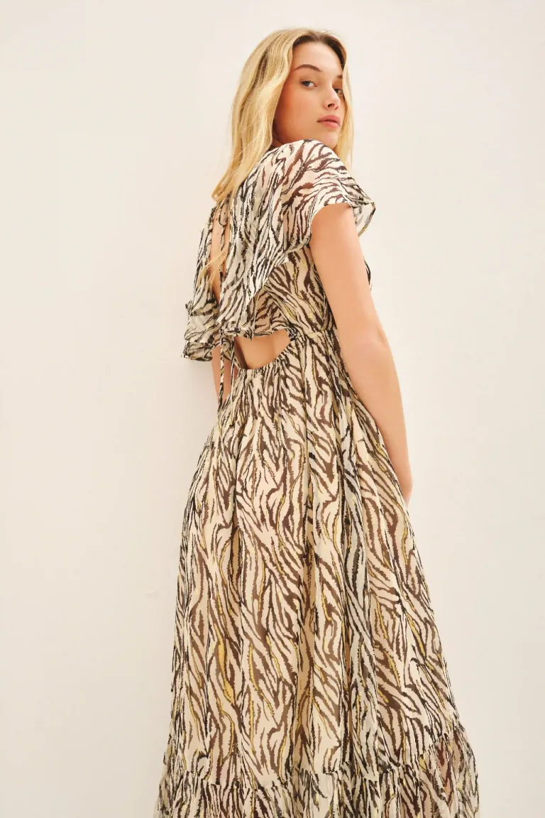 Vestido largo de viscosa jacquard con estampado de cebra y detalles en lurex dorado de Rapsodia en Vestidos para argentina