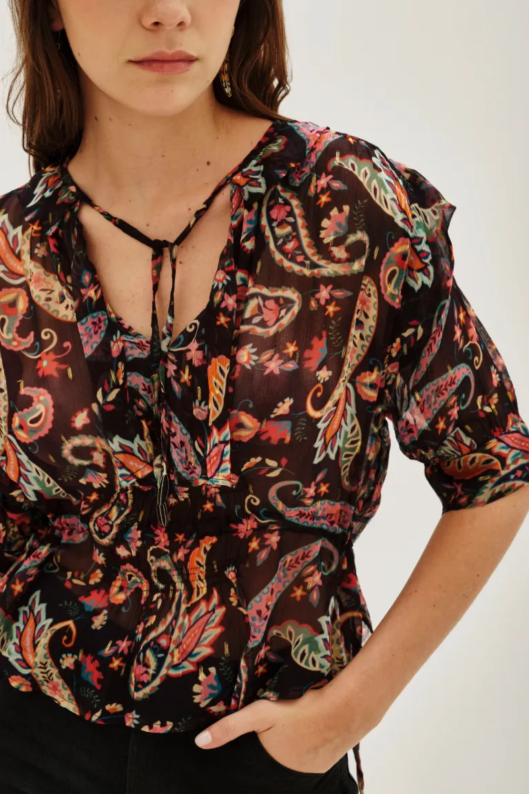 Blusa escote en V con mangas globo y ajuste en cintura con estampado de Rapsodia en Blusas para argentina