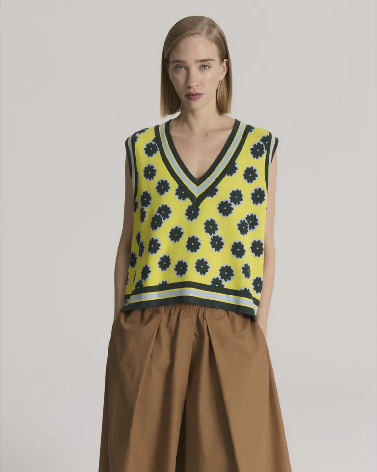 Chaleco tejido con diseño geométrico de flores y escote en V para mujer de Blue Sheep en Chalecos para argentina