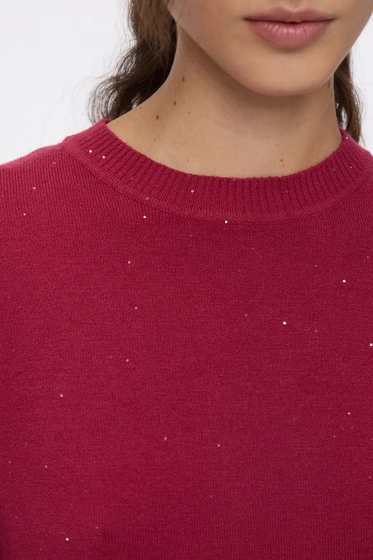 Sweater de tejido jersey con detalles de micro lentejuelas, cuello redondo y terminaciones en ribb de Cuesta Blanca en Buzos y Sweaters para argentina