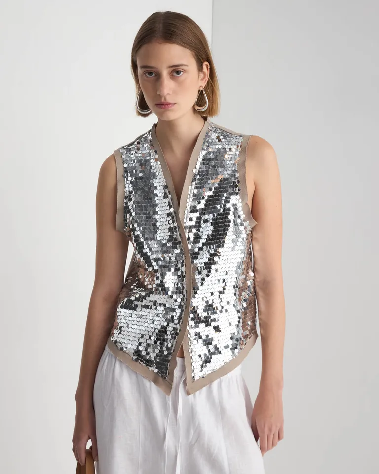 Chaleco abierto con lentejuelas brillantes y cuello en V para ocasiones especiales de Prüne en Chalecos para argentina