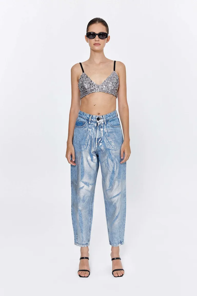 Top corpiño plateado con lentejuelas y escote en pico de Naíma en Tops para argentina