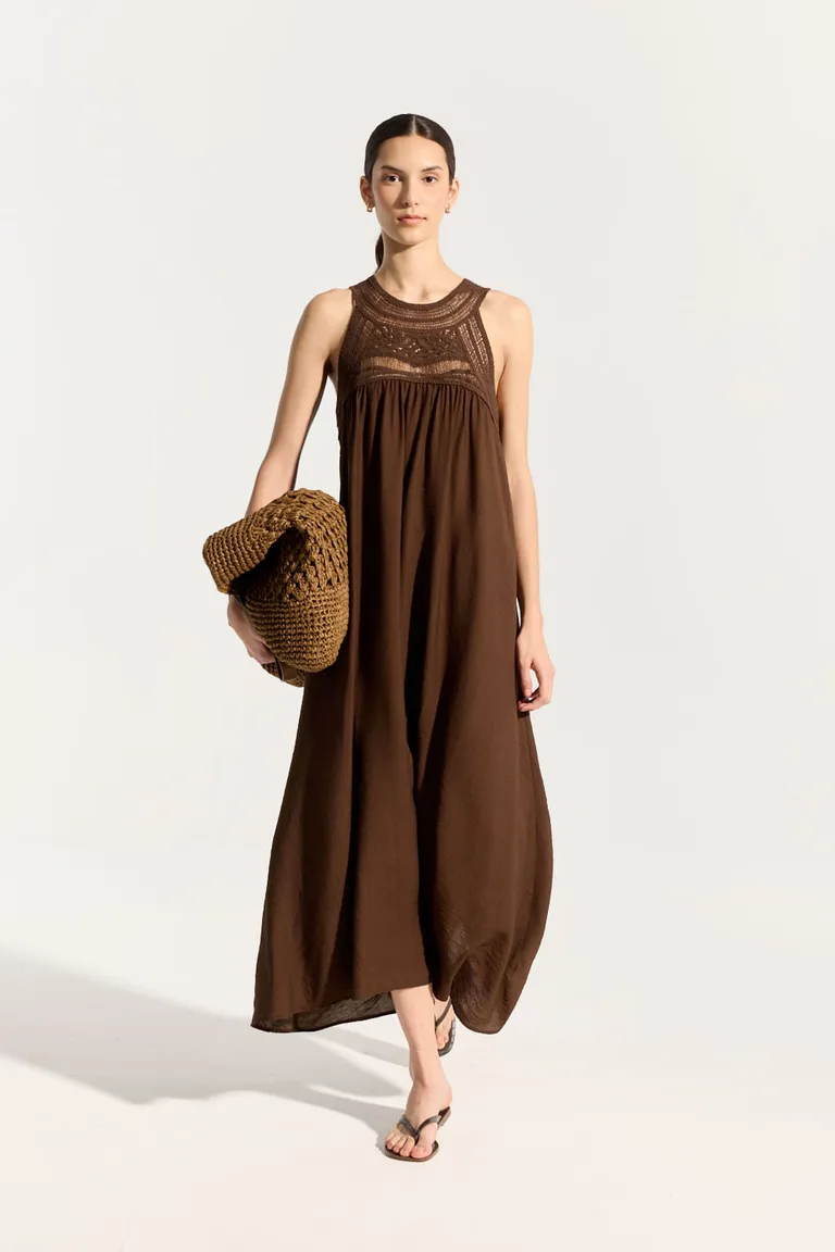 Vestido largo marrón de viscosa con canesú de crochet de Portsaid en Vestidos para argentina