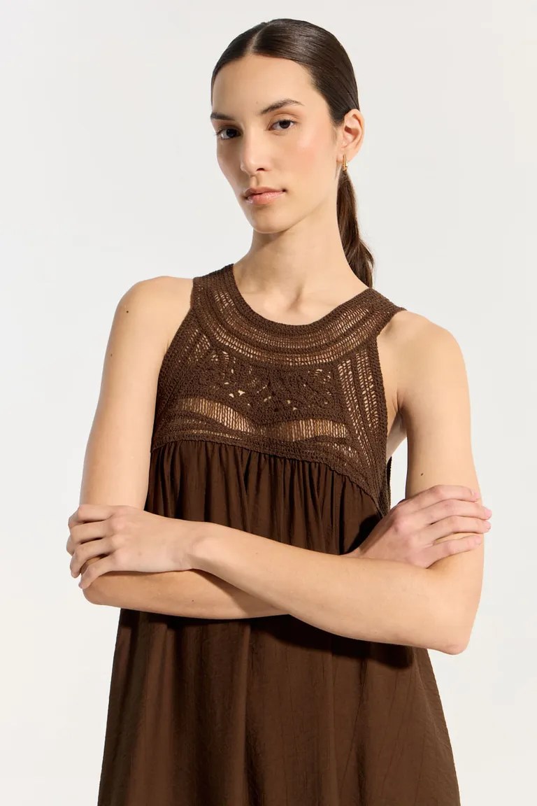 Vestido largo marrón de viscosa con canesú de crochet de Portsaid en Vestidos para argentina