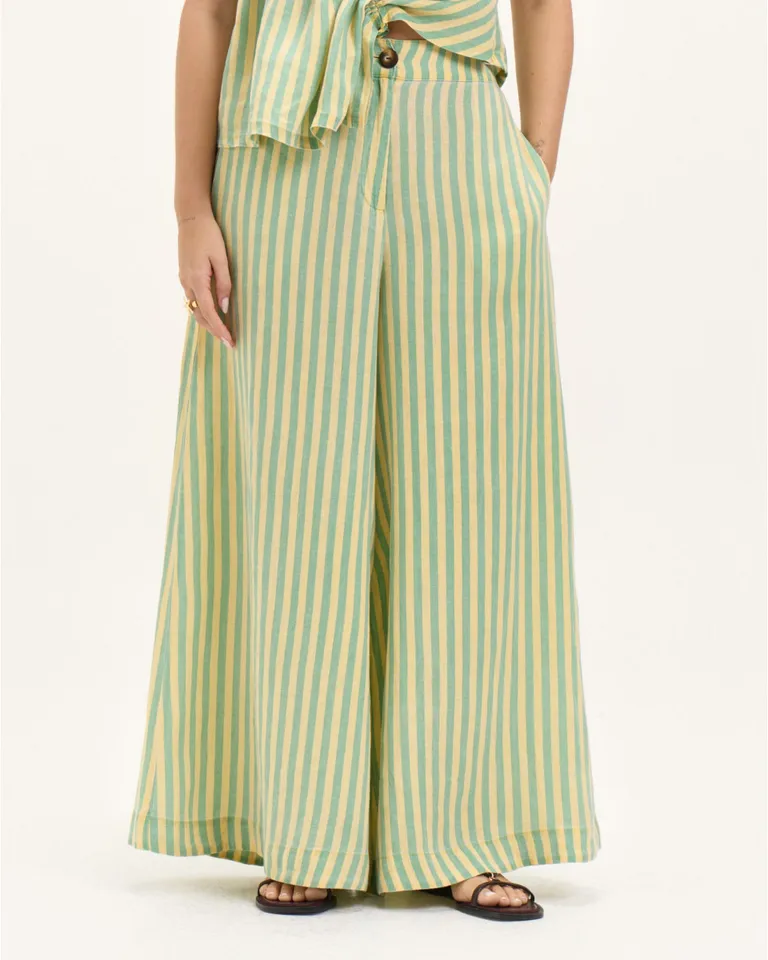 Pantalón pia: Prenda de lino con estampado de rayas y corte holgado de Blue Sheep en Pantalones para argentina